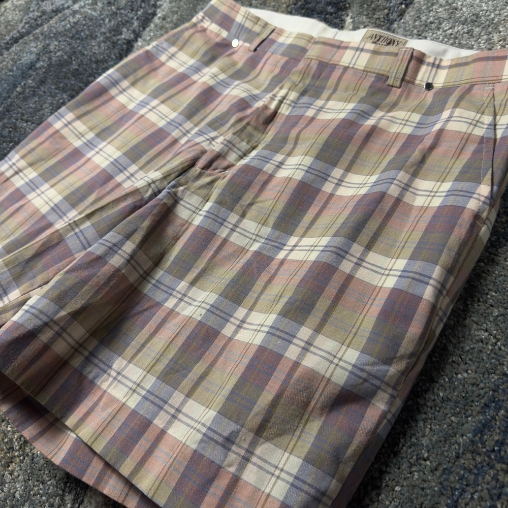 Vintage Anthony Foxx Plaid Shorts Mens 36 Tan Multi Baggy Preppy Golf Retro
